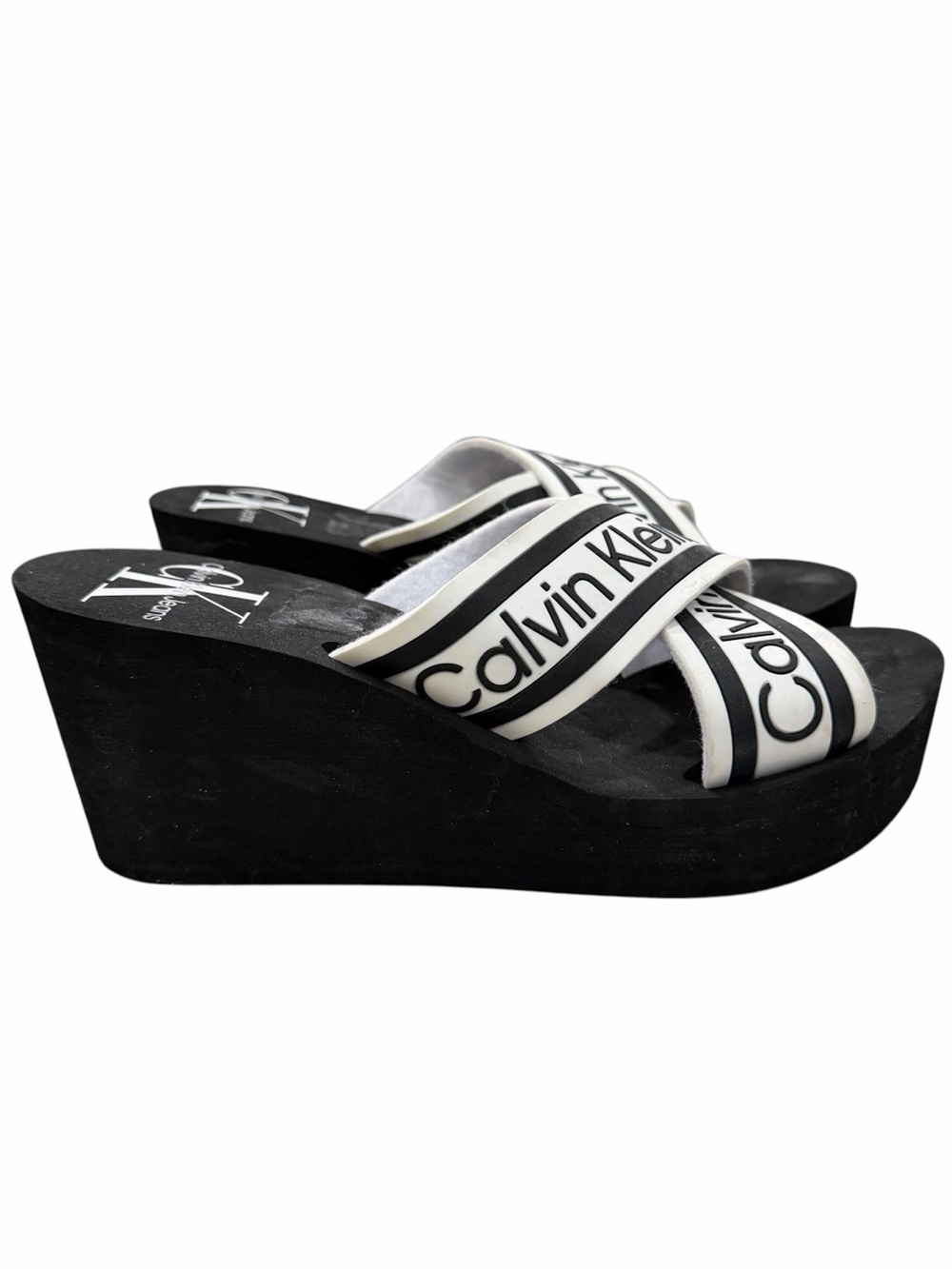 Calvin Klein Wedge Sandal Size 9 Resort Black White Crisscross Lightweight S4